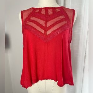 Free People Red Sleeveless Mesh Lace Button Back Top Small